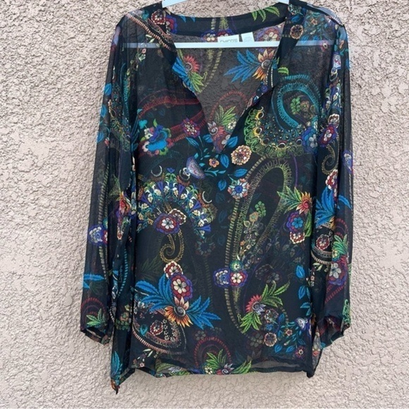 Chicos Sheer Silk Shirt 2 Womens Medium Paisley Floral Top, Swim Cover Up Tunic - Picture 1 of 16